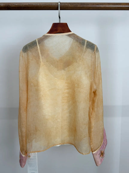 Beige Soft Floral Embroidery Mulberry Silk Shirt — LUXE ORIENTA Luxury Clothing For Women - Luxe Orienta CO., LIMITED