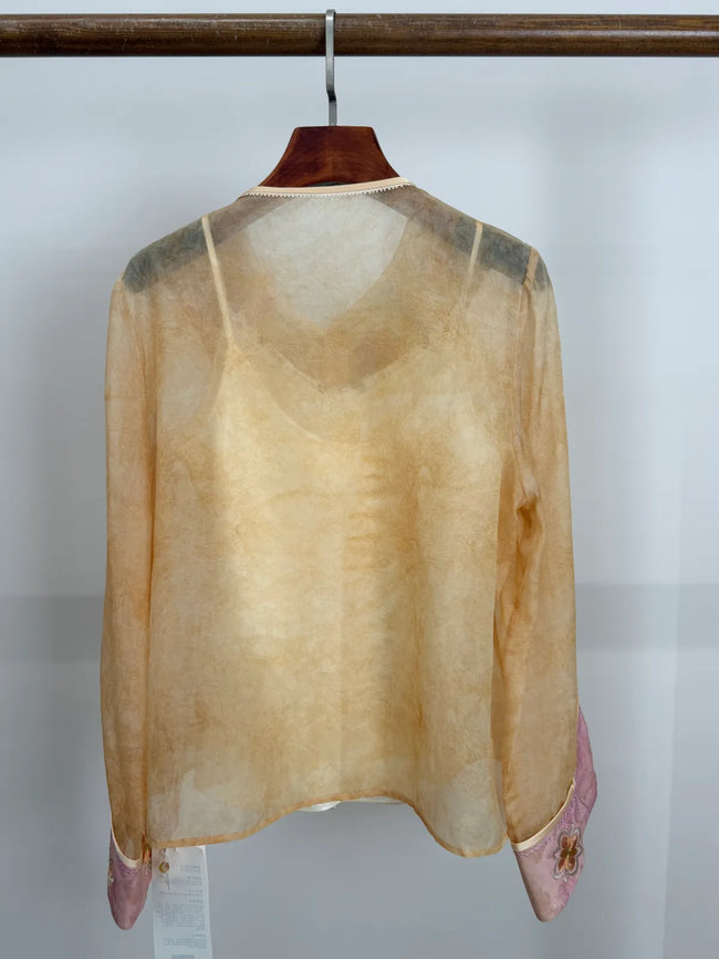 Beige Soft Floral Embroidery Mulberry Silk Shirt — LUXE ORIENTA Luxury Clothing For Women - Luxe Orienta CO., LIMITED