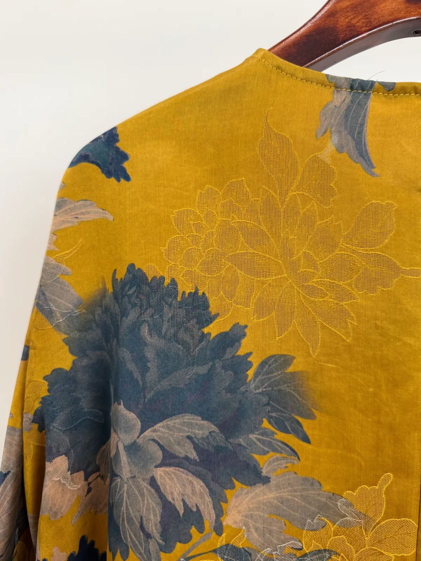 Yellow Peony Print Xiangyunsha Blouse-Luxe Orienta Modern Chinese Style Top - Luxe Orienta CO., LIMITED