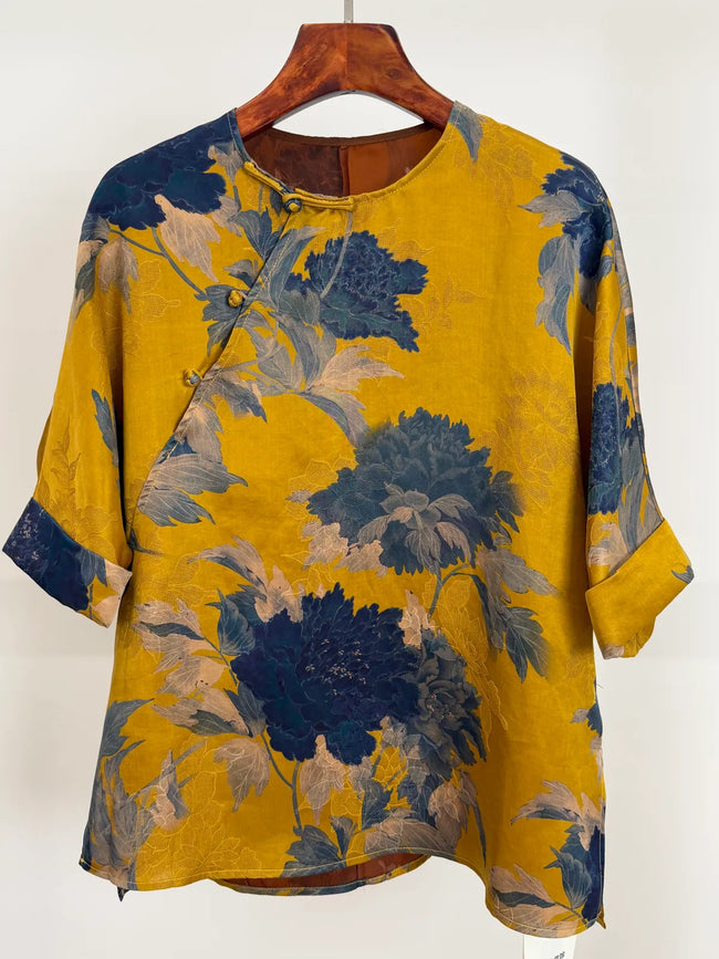 Yellow Peony Print Xiangyunsha Blouse-Luxe Orienta Modern Chinese Style Top - Luxe Orienta CO., LIMITED