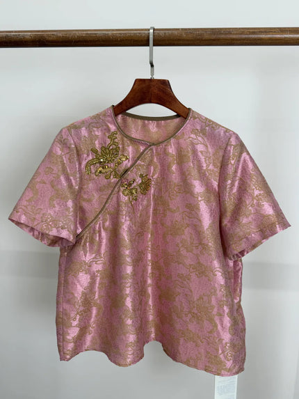 Acetate Jacquard Embroidered Chinese Blouse | Luxe Orienta Modern Top - Luxe Orienta CO., LIMITED