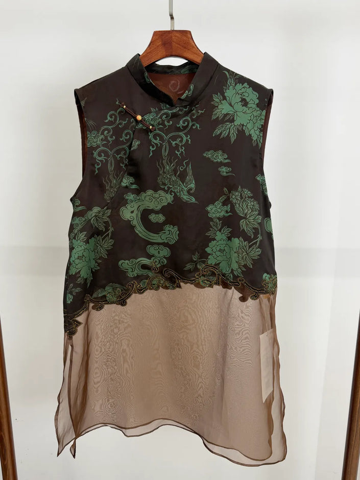 Phoenix And Peony Embroidered Xiangyunsha Silk Top | Modern Chinese Style - Luxe Orienta CO., LIMITED