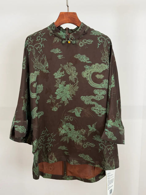 Brown Mulberry Silk Phoenix Peony Blouse | Chinese Top - Luxe Orienta CO., LIMITED