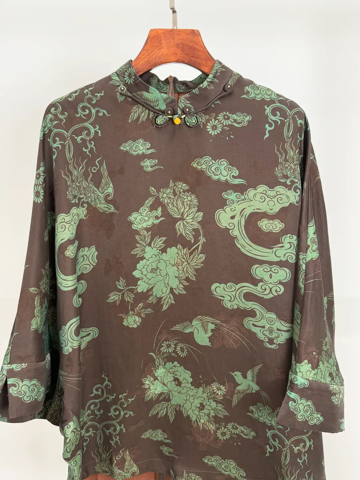Brown Mulberry Silk Phoenix Peony Blouse | Chinese Top - Luxe Orienta CO., LIMITED