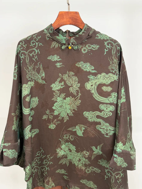 Brown Mulberry Silk Phoenix Peony Blouse | Chinese Top - Luxe Orienta CO., LIMITED