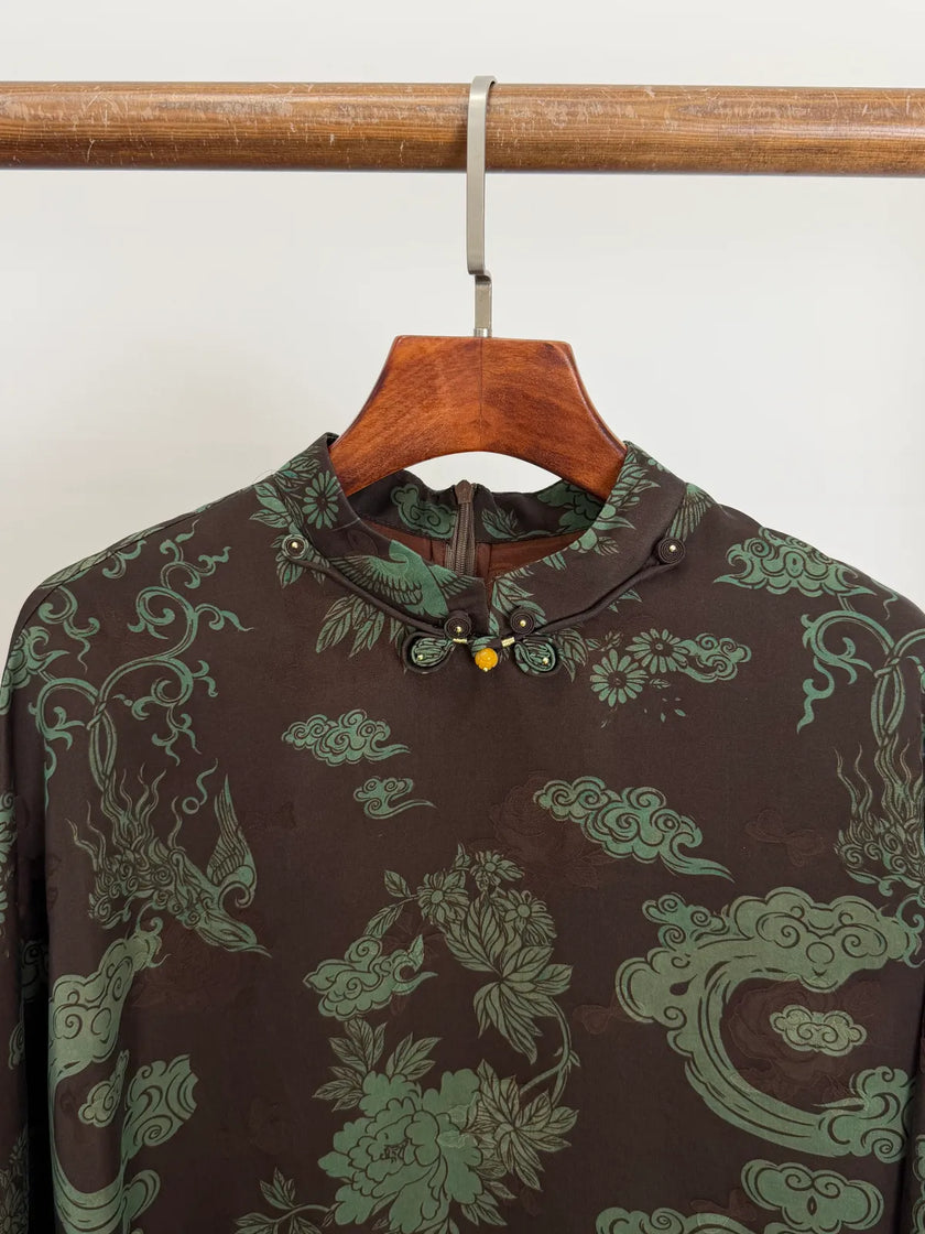 Brown Mulberry Silk Phoenix Peony Blouse | Chinese Top - Luxe Orienta CO., LIMITED