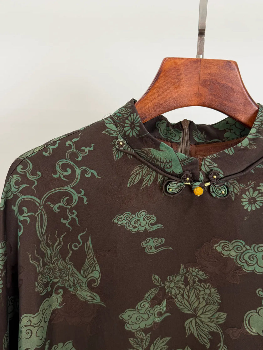 Brown Mulberry Silk Phoenix Peony Blouse | Chinese Top - Luxe Orienta CO., LIMITED