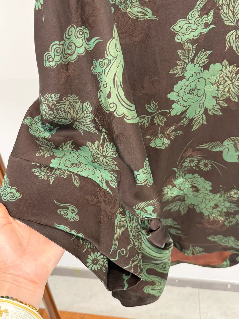 Brown Mulberry Silk Phoenix Peony Blouse | Chinese Top - Luxe Orienta CO., LIMITED