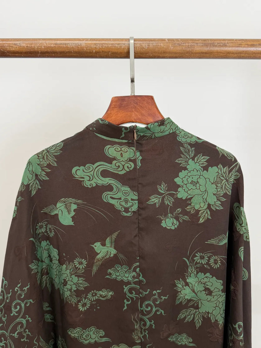 Brown Mulberry Silk Phoenix Peony Blouse | Chinese Top - Luxe Orienta CO., LIMITED