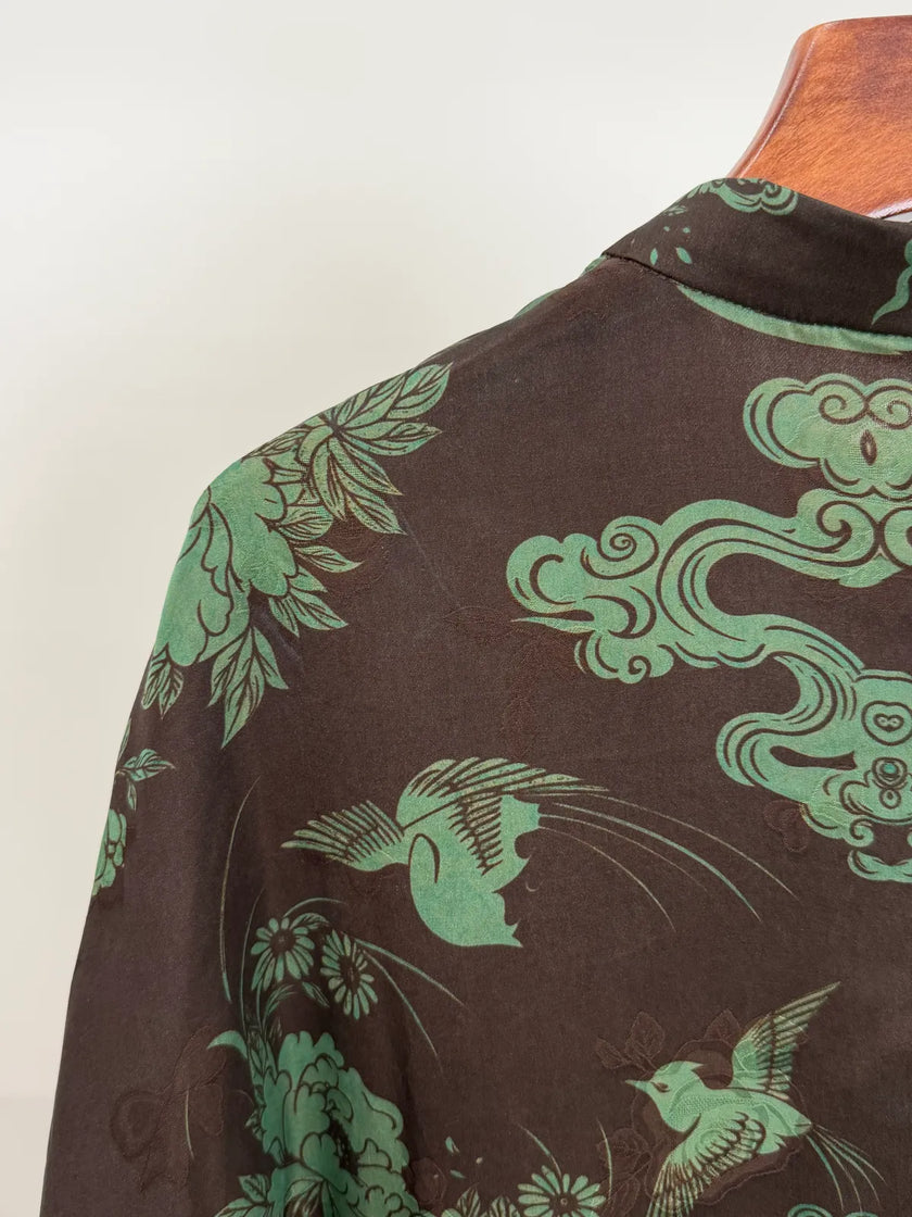 Brown Mulberry Silk Phoenix Peony Blouse | Chinese Top - Luxe Orienta CO., LIMITED