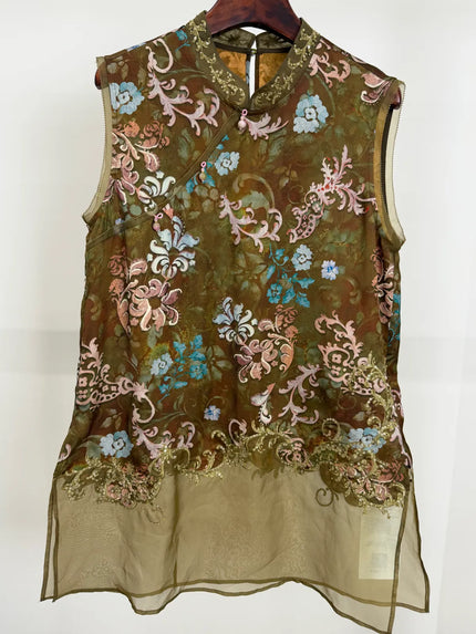 Green Embroidered  Blouse Organza Sleeveless with Floral Motif-Luxe Orienta - Luxe Orienta CO., LIMITED