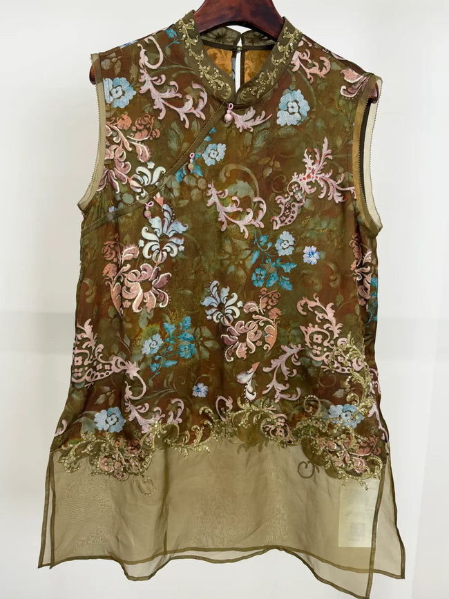 Green Embroidered  Blouse Organza Sleeveless with Floral Motif-Luxe Orienta - Luxe Orienta CO., LIMITED