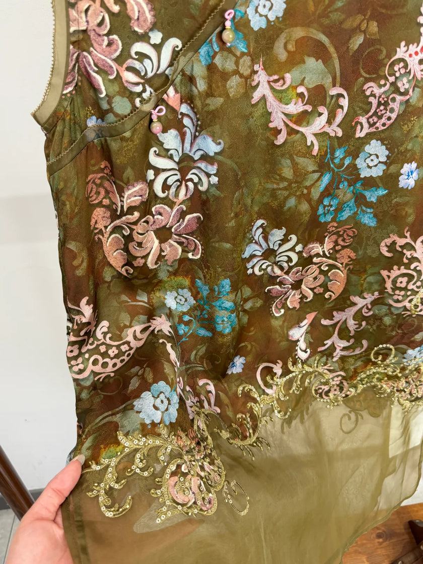 Green Embroidered  Blouse Organza Sleeveless with Floral Motif-Luxe Orienta - Luxe Orienta CO., LIMITED