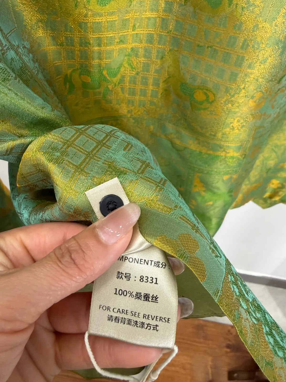Green Mulberry Silk Satin Jacquard Blouse with Frog Buttons-Luxe Orienta