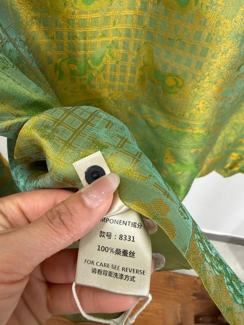 Green Mulberry Silk Satin Jacquard Blouse with Frog Buttons-Luxe Orienta