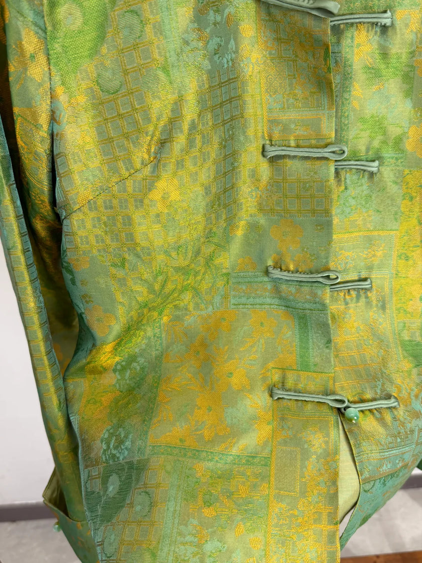 Green Mulberry Silk Satin Jacquard Blouse with Frog Buttons-Luxe Orienta