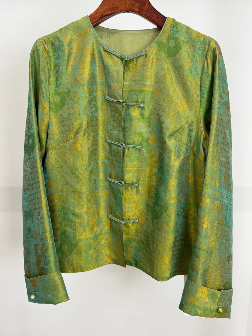Green Mulberry Silk Satin Jacquard Blouse with Frog Buttons-Luxe Orienta