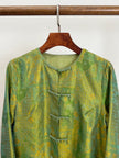 Green Mulberry Silk Satin Jacquard Blouse with Frog Buttons-Luxe Orienta