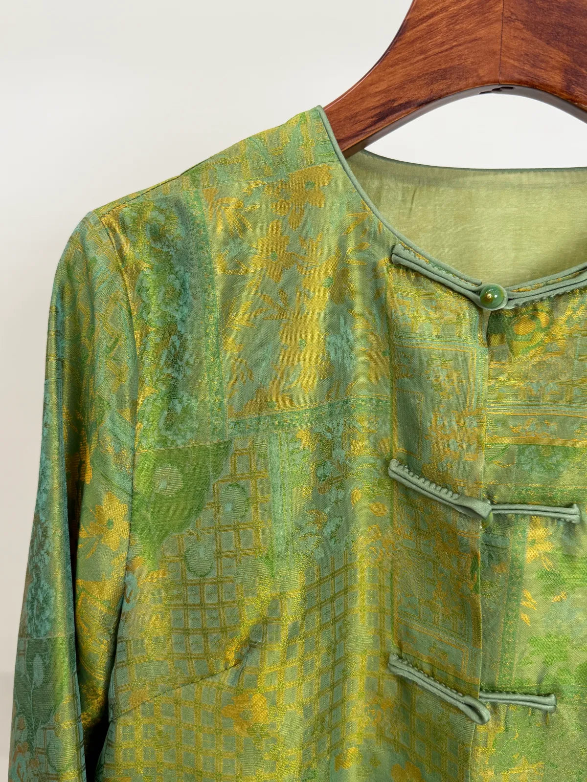 Green Mulberry Silk Satin Jacquard Blouse with Frog Buttons-Luxe Orienta