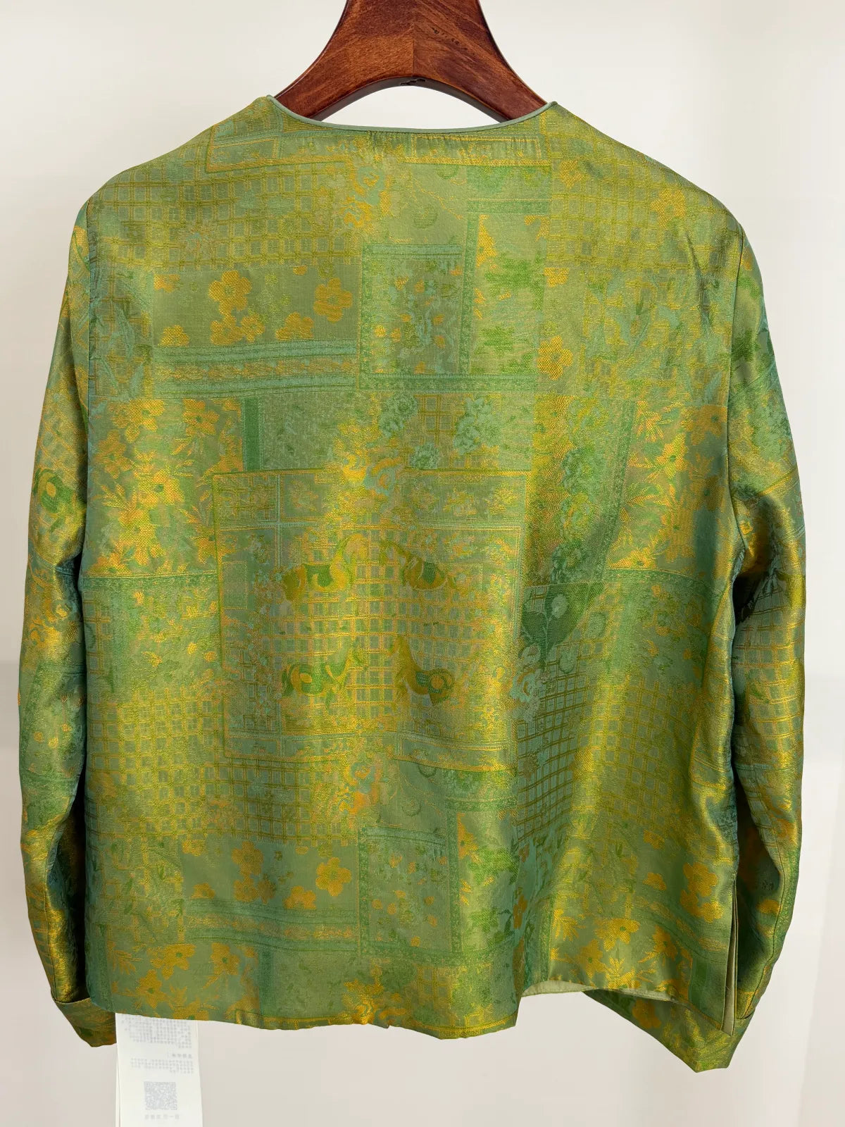 Green Mulberry Silk Satin Jacquard Blouse with Frog Buttons-Luxe Orienta