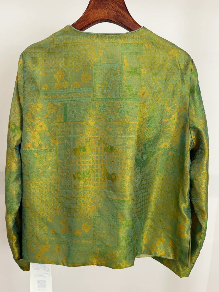 Green Mulberry Silk Satin Jacquard Blouse with Frog Buttons-Luxe Orienta