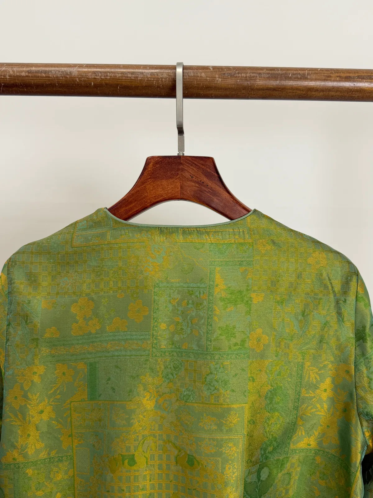 Green Mulberry Silk Satin Jacquard Blouse with Frog Buttons-Luxe Orienta