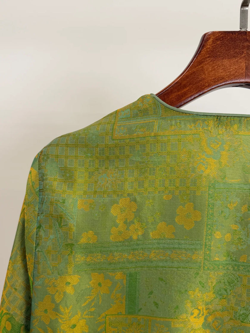Green Mulberry Silk Satin Jacquard Blouse with Frog Buttons-Luxe Orienta