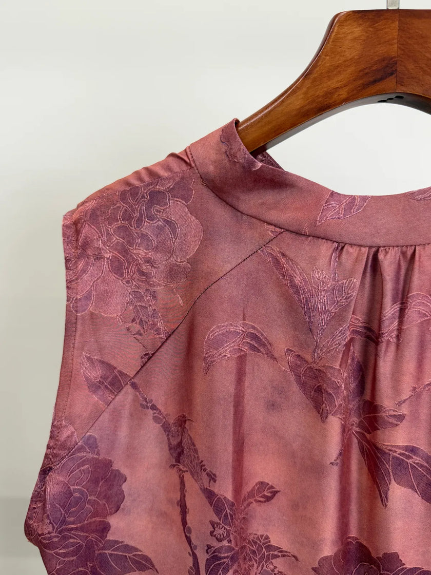 Muted Pink Floral Jacquard Sleeveless Blouse  | Luxe Orienta Modern Chinese Fashion - Luxe Orienta CO., LIMITED