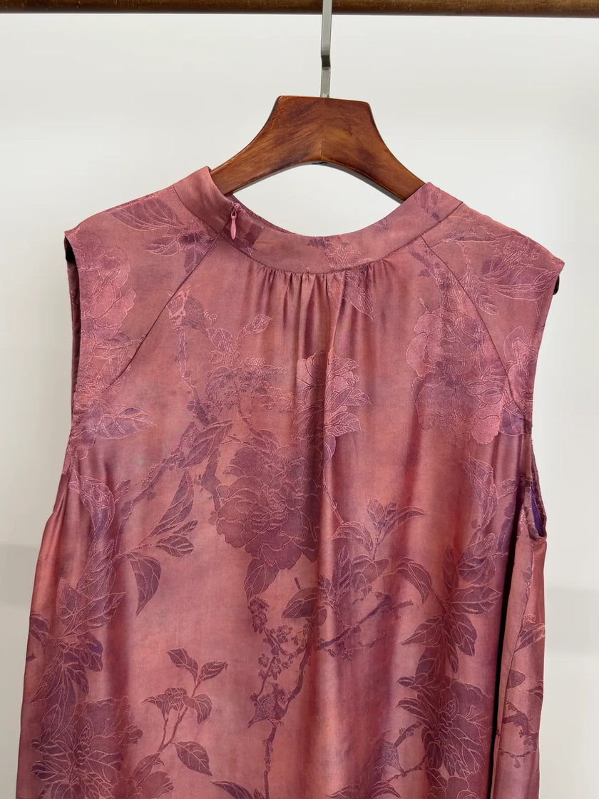 Muted Pink Floral Jacquard Sleeveless Blouse  | Luxe Orienta Modern Chinese Fashion - Luxe Orienta CO., LIMITED