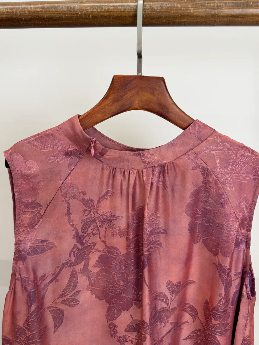 Muted Pink Floral Jacquard Sleeveless Blouse  | Luxe Orienta Modern Chinese Fashion - Luxe Orienta CO., LIMITED