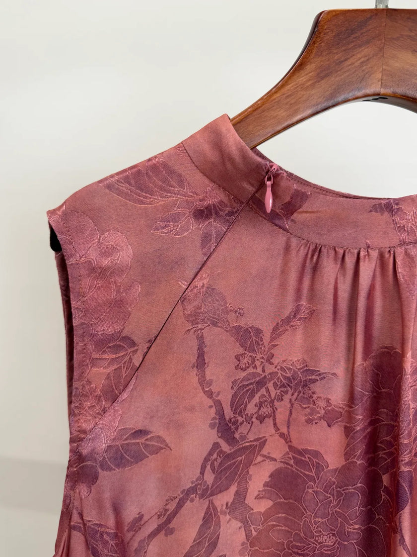 Muted Pink Floral Jacquard Sleeveless Blouse  | Luxe Orienta Modern Chinese Fashion - Luxe Orienta CO., LIMITED