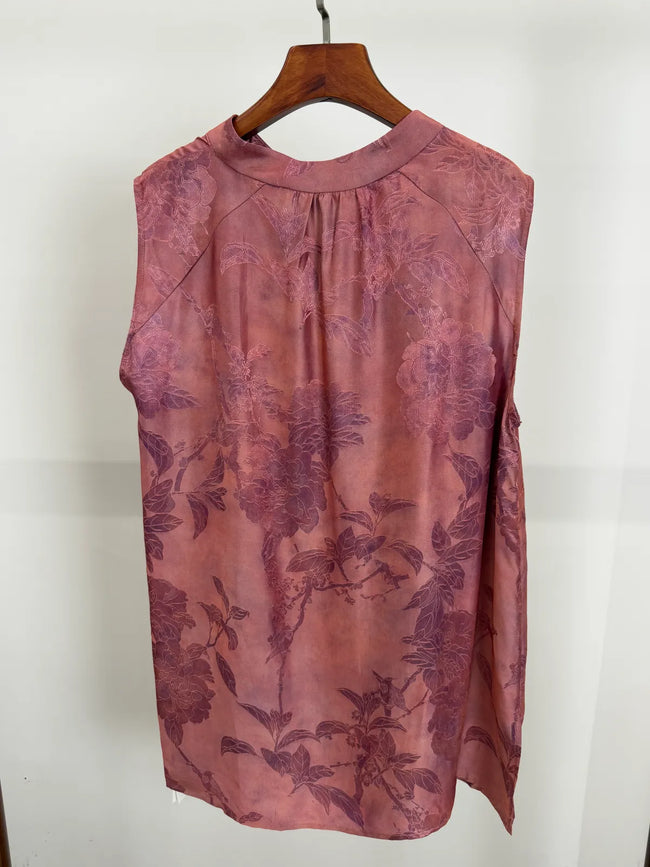 Muted Pink Floral Jacquard Sleeveless Blouse  | Luxe Orienta Modern Chinese Fashion - Luxe Orienta CO., LIMITED