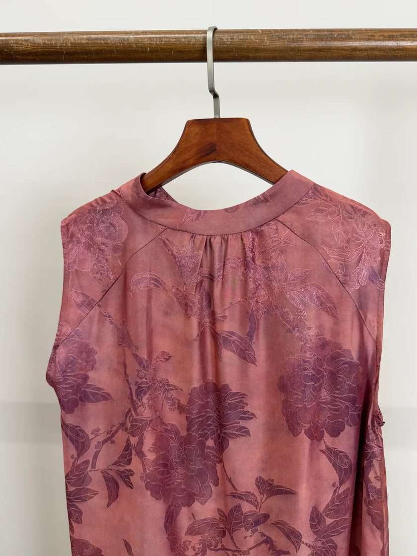 Muted Pink Floral Jacquard Sleeveless Blouse  | Luxe Orienta Modern Chinese Fashion - Luxe Orienta CO., LIMITED