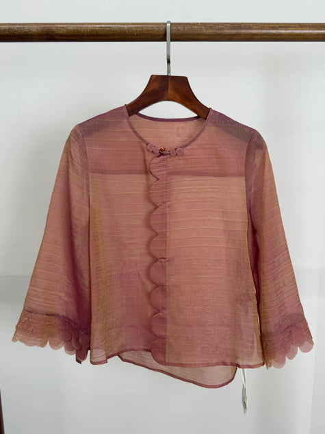 Pink Mulberry Silk Jacquard Blouse with Frog Buttons | Modern Chinese Top - Luxe Orienta CO., LIMITED