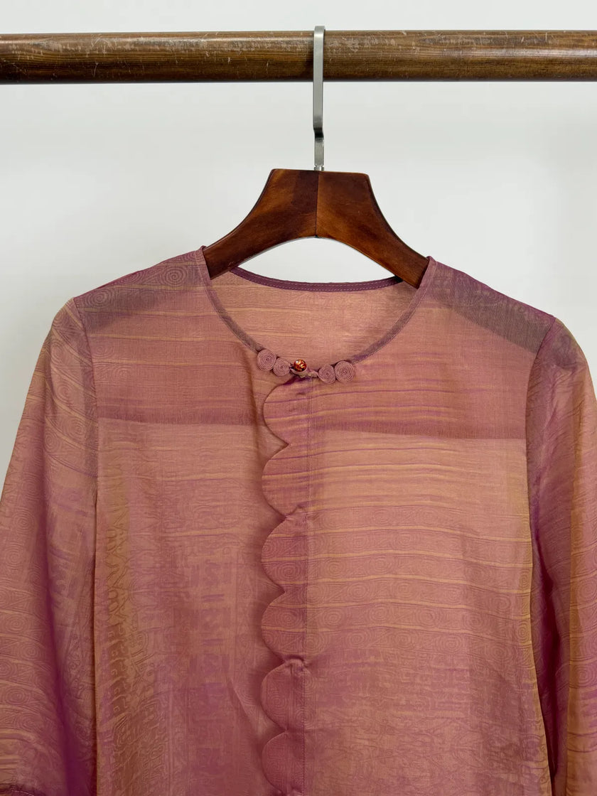 Pink Mulberry Silk Jacquard Blouse with Frog Buttons | Modern Chinese Top - Luxe Orienta CO., LIMITED