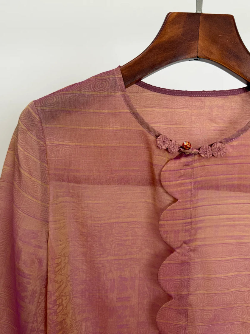 Pink Mulberry Silk Jacquard Blouse with Frog Buttons | Modern Chinese Top - Luxe Orienta CO., LIMITED