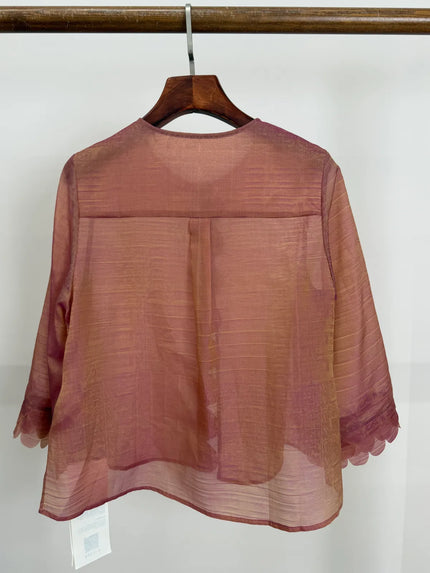 Pink Mulberry Silk Jacquard Blouse with Frog Buttons | Modern Chinese Top - Luxe Orienta CO., LIMITED