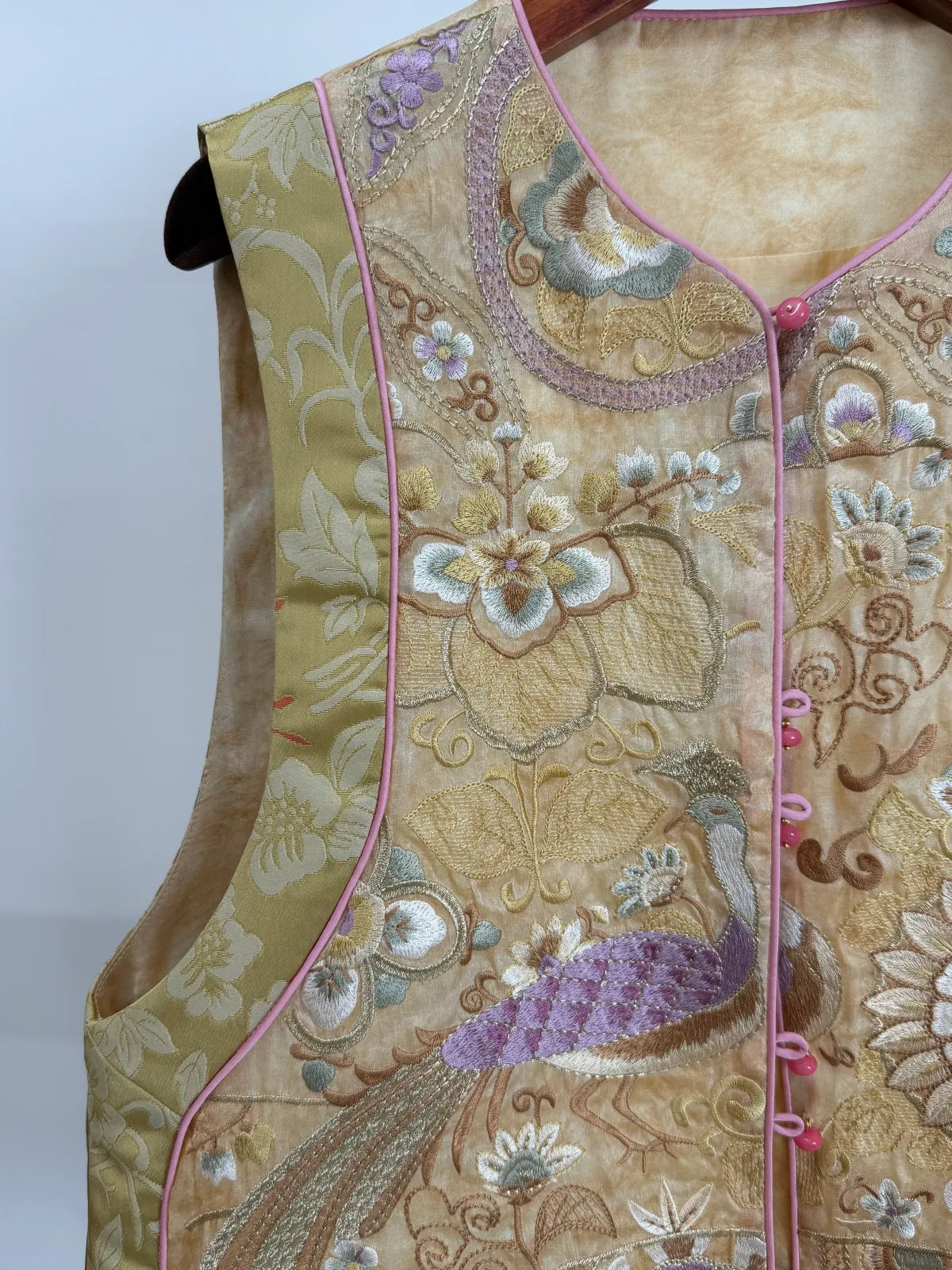 Beige Peacock Embroidery Mulberry Silk Vest with Song Brocade Patchwork-Luxe Orienta Luxury Fashion - Luxe Orienta CO., LIMITED