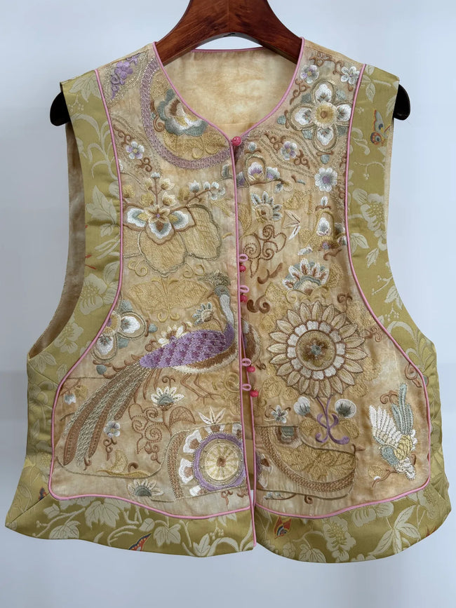 Beige Peacock Embroidery Mulberry Silk Vest with Song Brocade Patchwork-Luxe Orienta Luxury Fashion - Luxe Orienta CO., LIMITED