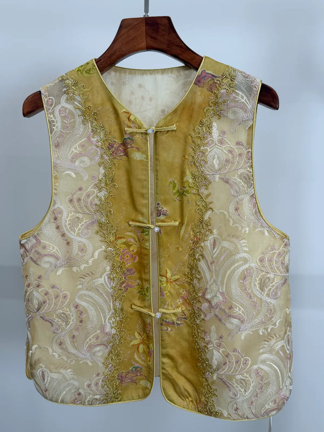 Gradient Gold Floral Jacquard Rayon Vest with Beaded Embroidered -Luxe Orienta Modern Chinese Fashion - Luxe Orienta CO., LIMITED