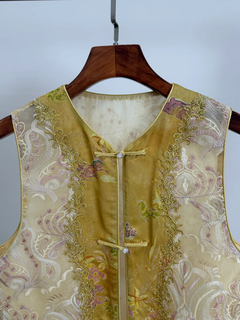 Gradient Gold Floral Jacquard Rayon Vest with Beaded Embroidered -Luxe Orienta Modern Chinese Fashion - Luxe Orienta CO., LIMITED