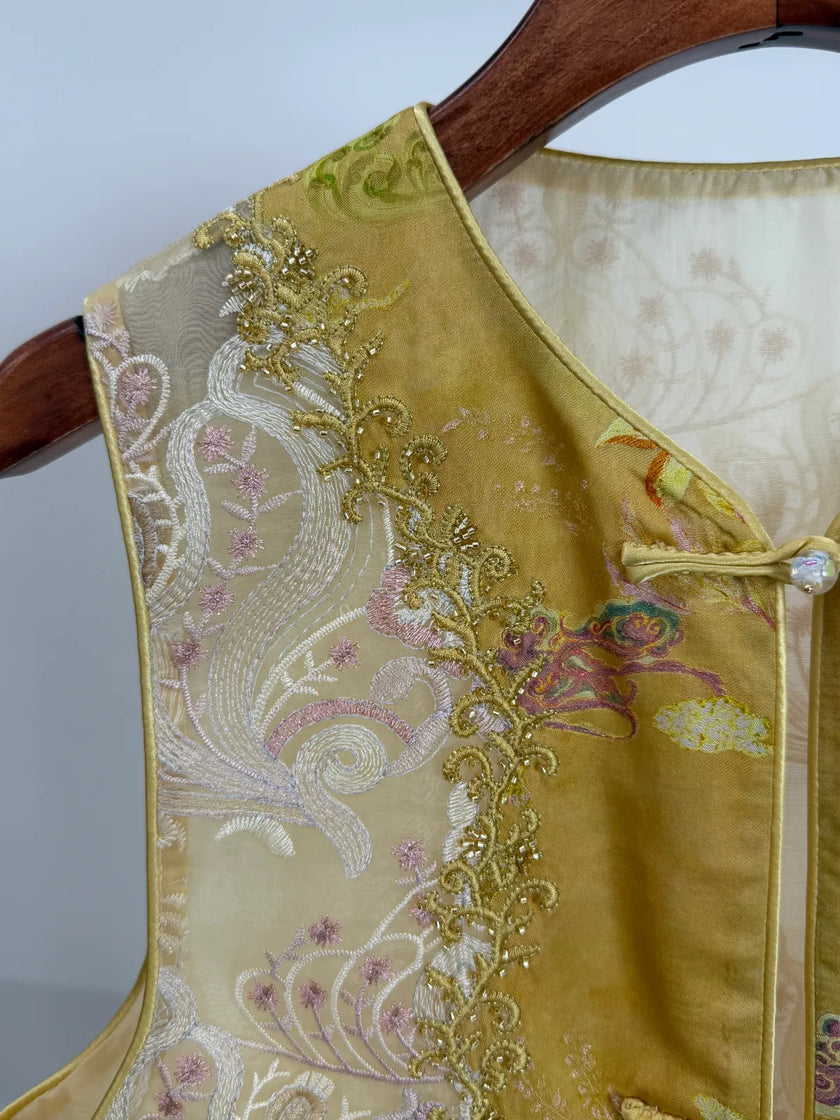 Gradient Gold Floral Jacquard Rayon Vest with Beaded Embroidered -Luxe Orienta Modern Chinese Fashion - Luxe Orienta CO., LIMITED