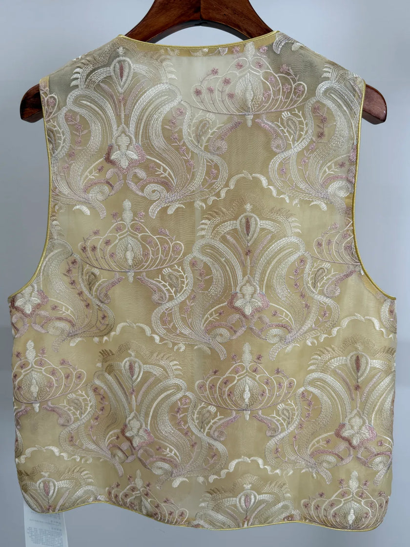 Gradient Gold Floral Jacquard Rayon Vest with Beaded Embroidered -Luxe Orienta Modern Chinese Fashion - Luxe Orienta CO., LIMITED
