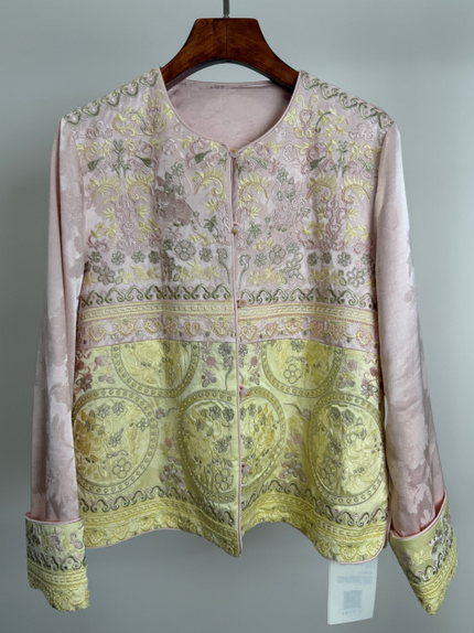 Pink Embroidered Jacquard Jacket – Floral & Mythical Motif Statement Coat for Women | Luxe Orienta - Luxe Orienta CO., LIMITED