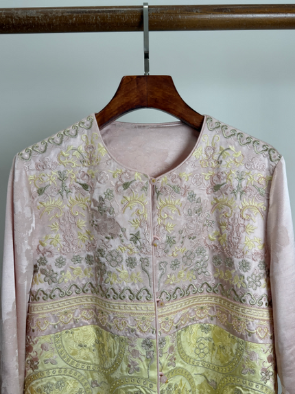 Pink Embroidered Jacquard Jacket – Floral & Mythical Motif Statement Coat for Women | Luxe Orienta - Luxe Orienta CO., LIMITED