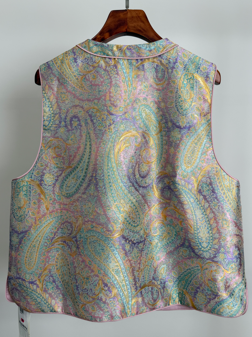 Pink-Purple Paisley Jacquard Rayon Vest – Chinese Knot Button Waistcoat | Luxe Orienta - Luxe Orienta CO., LIMITED