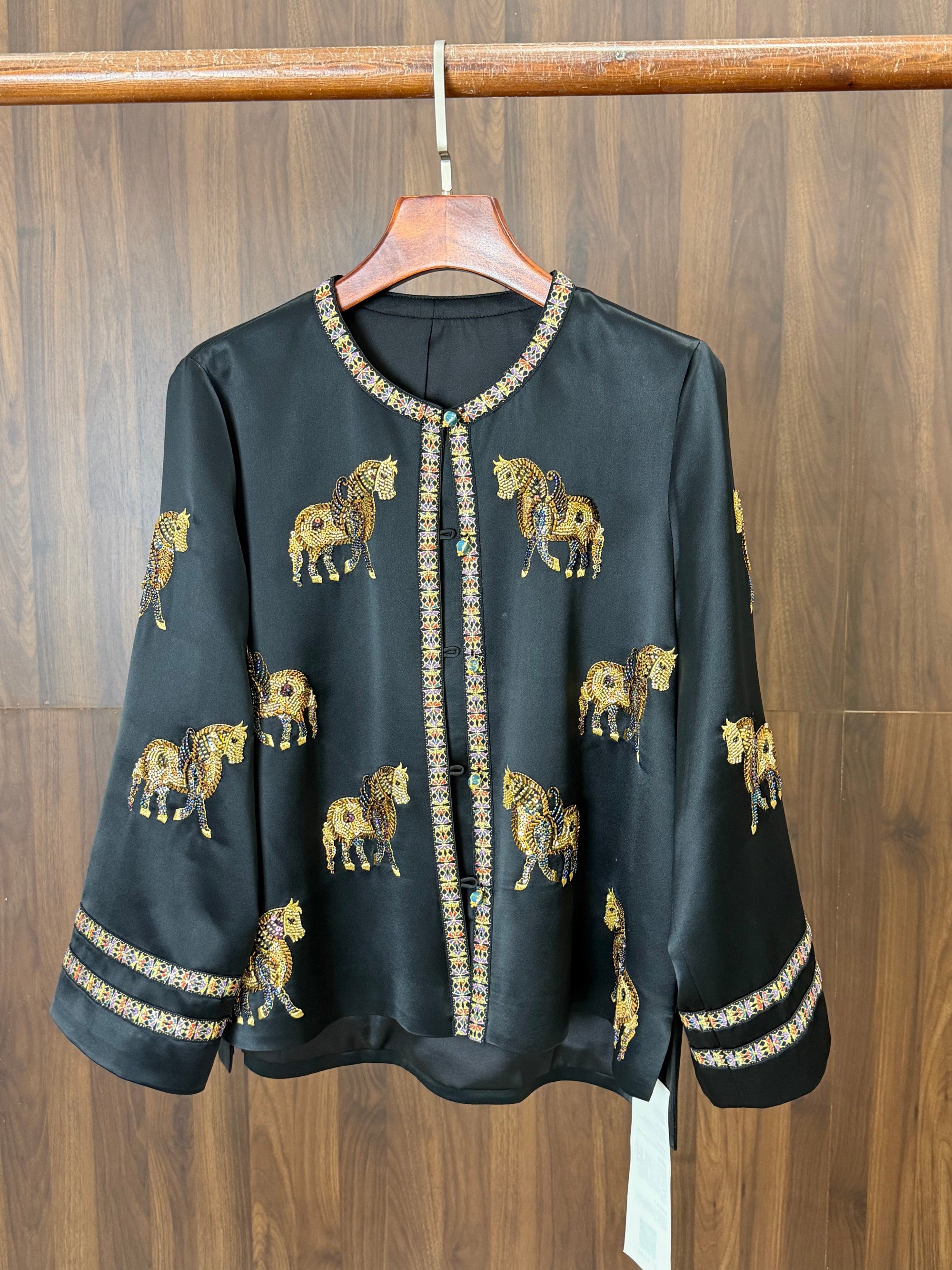 golden chinese embroidered top with horse motif modern oriental fashion