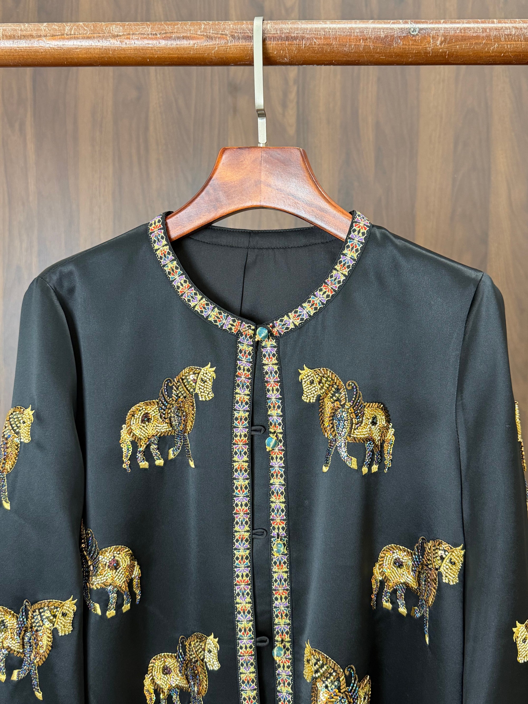 colorful geometric trim collar cuff oriental blouse detail