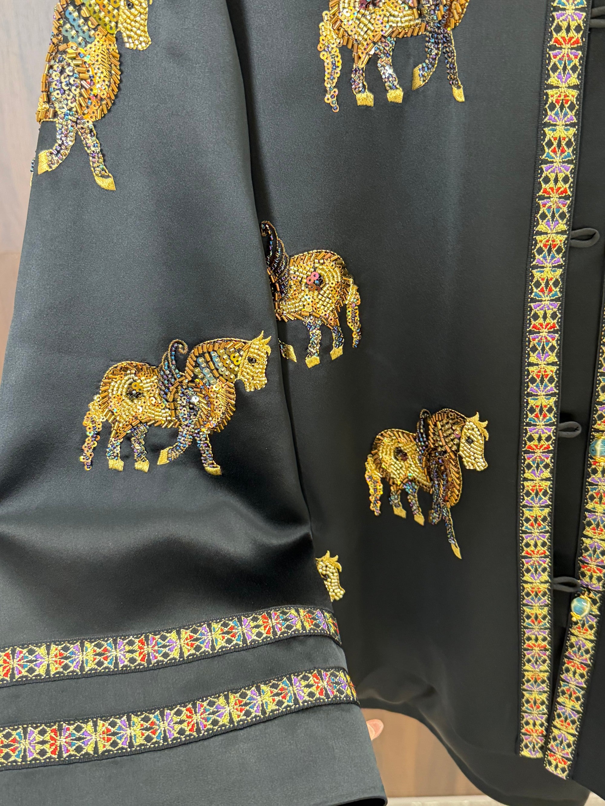 colorful geometric trim collar cuff oriental blouse detail