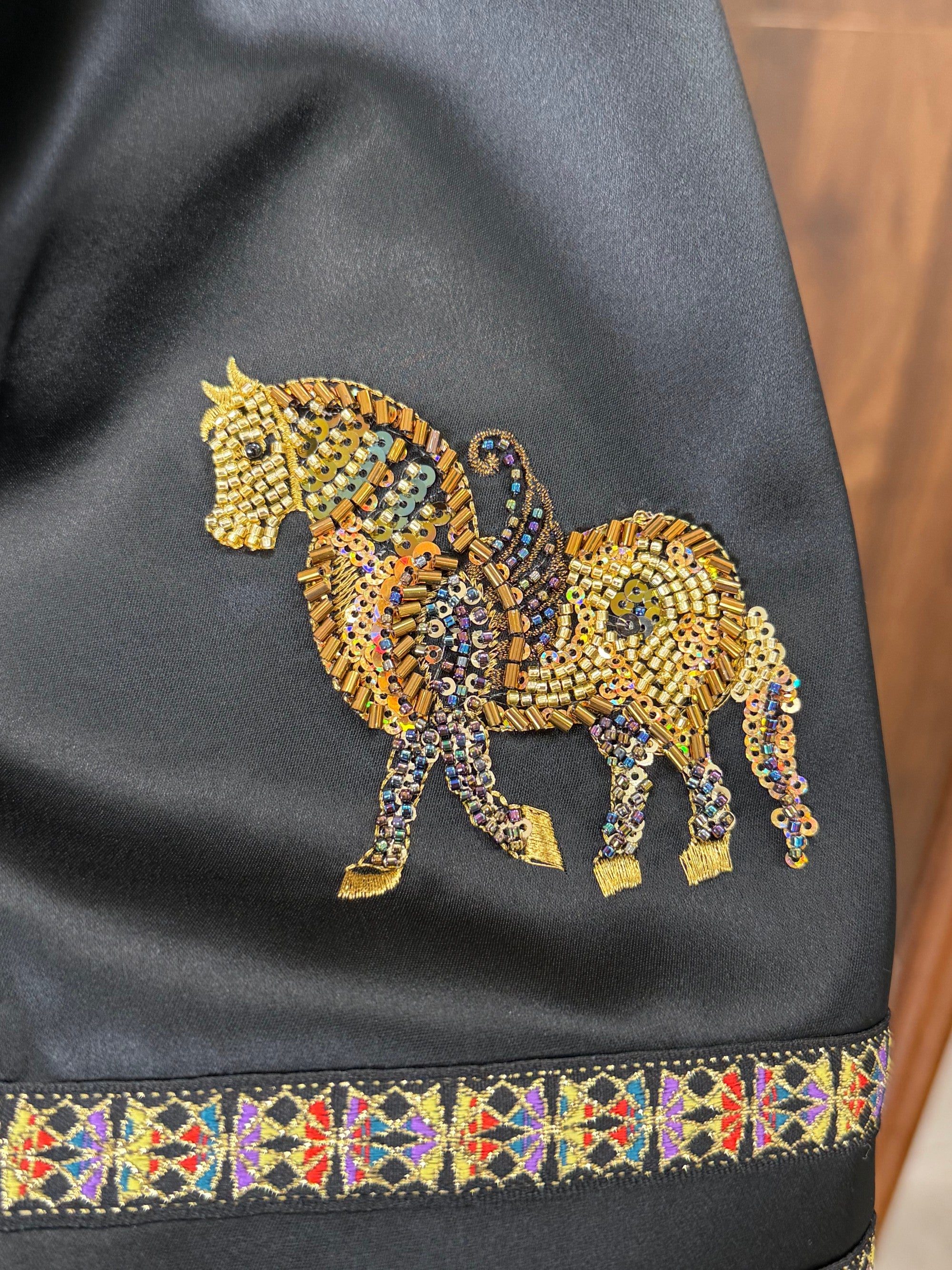 colorful geometric trim collar cuff oriental blouse detail